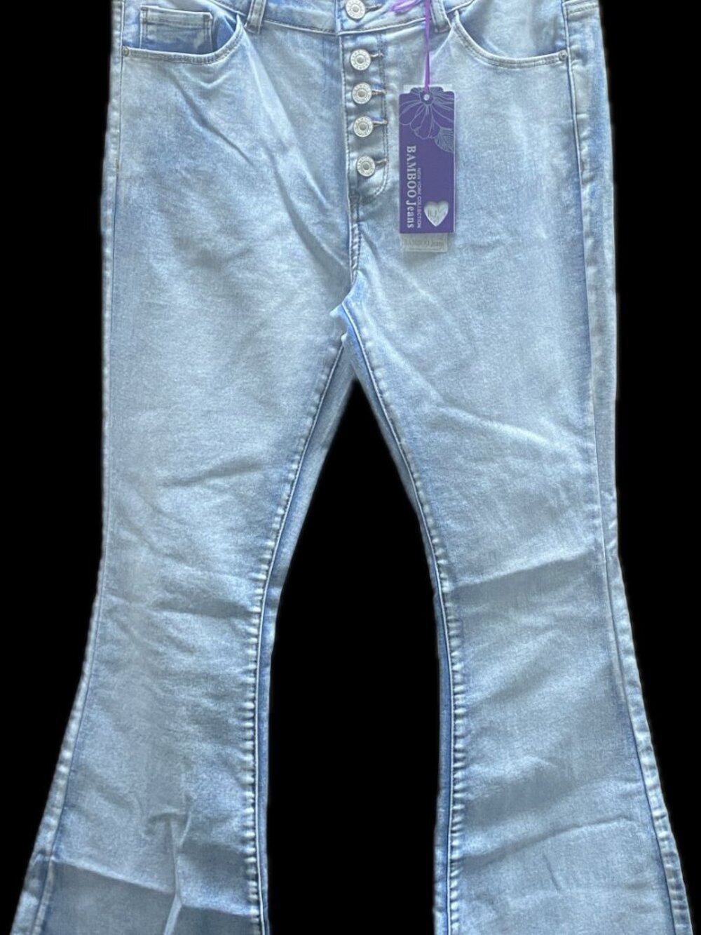 NWT Bamboo Button Fly Flare Jeans Raw Hem Medium Wash Denim Juniors Size 15 - Picture 12 of 12